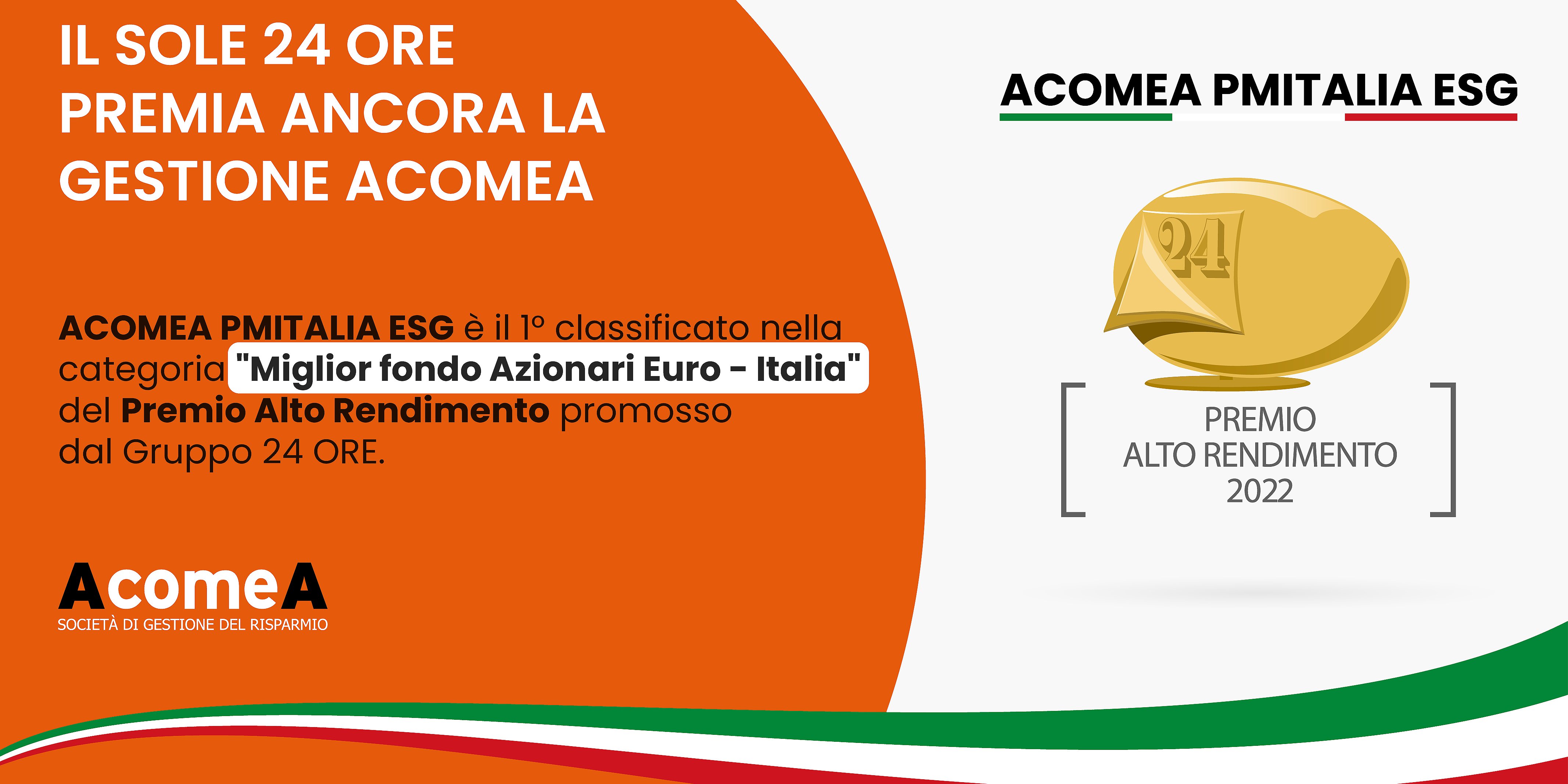 AcomeA PMItalia ESG premiato come "Miglior fondo Azionari Euro-Italia" da Il Sole 24 Ore